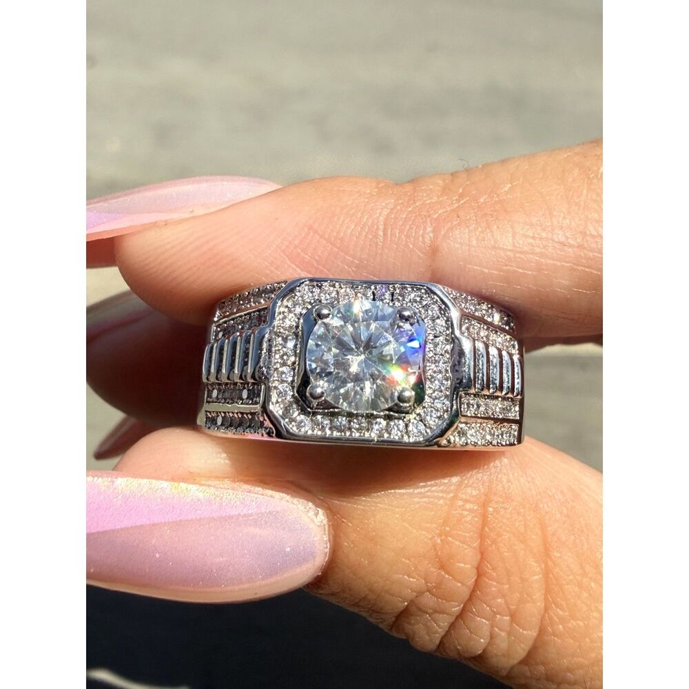 Men’s 1CT Moissanite Ring Size 10 Rhodium Plated Statement Ring